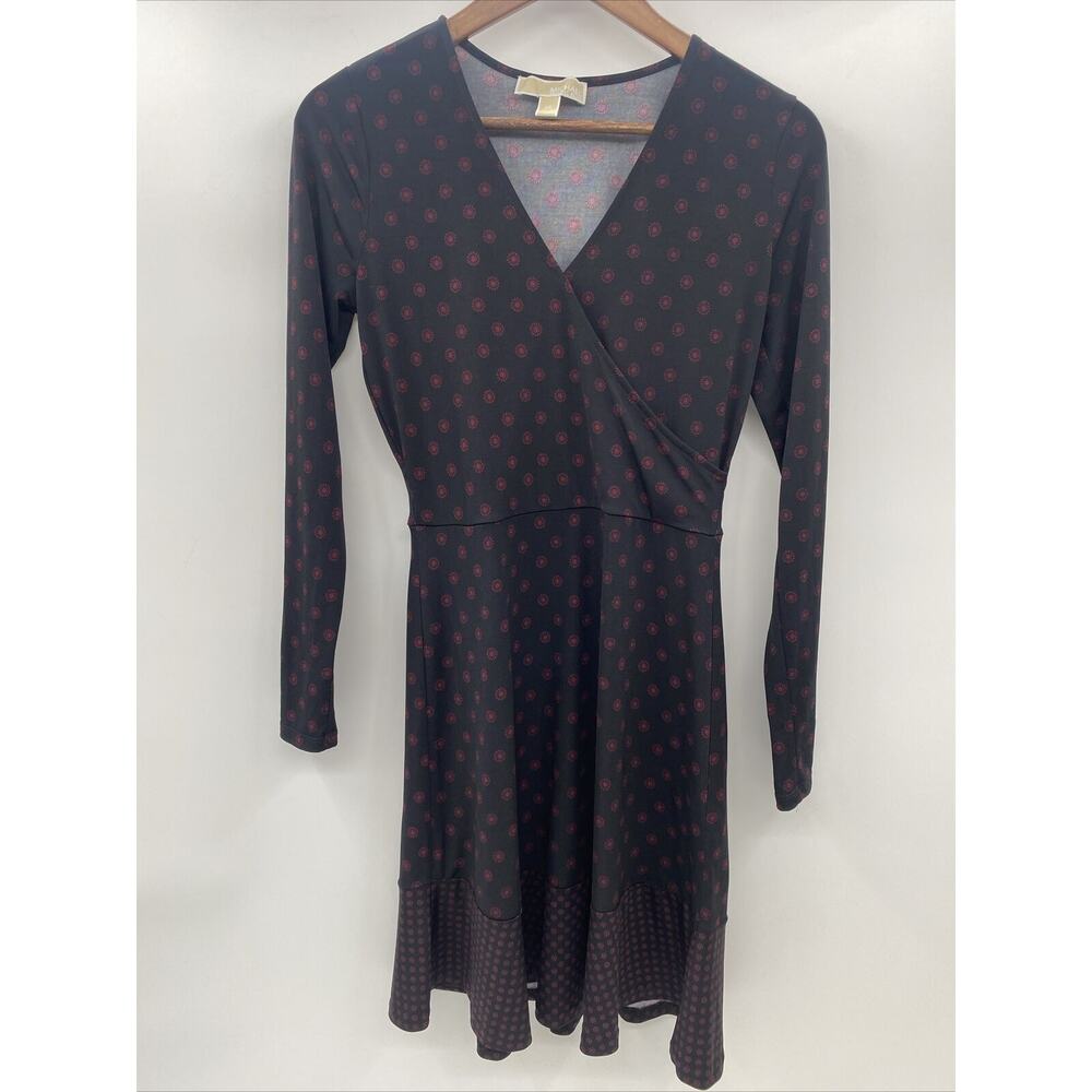 Michael Kors Wrap Dress Black Red Long Sleeve Women's Size XS Floral